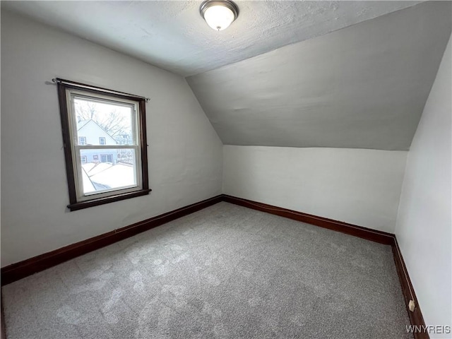 additional living space featuring vaulted ceiling, carpet floors, and a textured ceiling