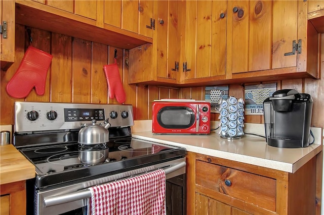 kitchen featuring stainless steel electric range and backsplash