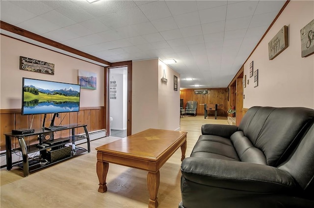 living room with wooden walls and light hardwood / wood-style floors