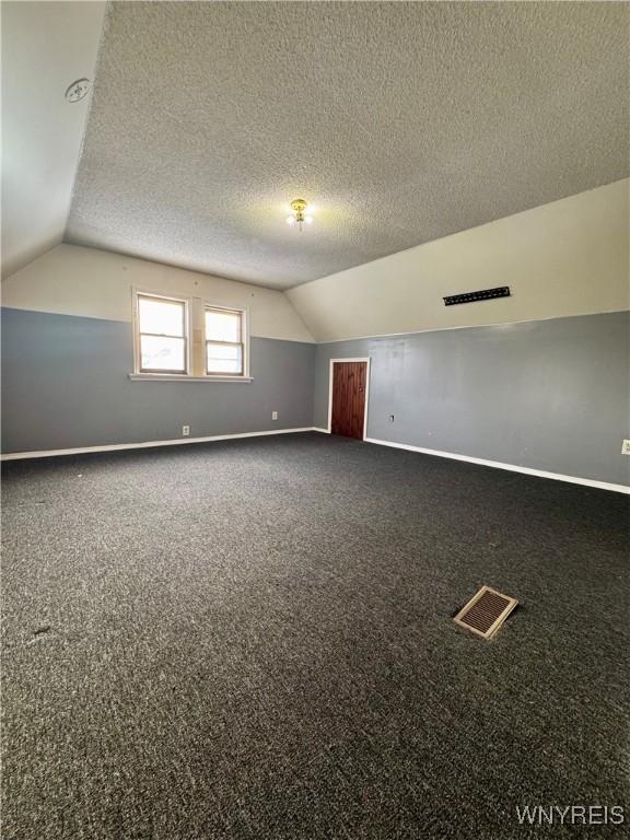 additional living space with lofted ceiling, a textured ceiling, and carpet flooring