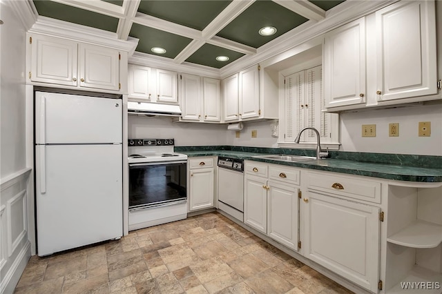 kitchen featuring white cabinetry and white appliances