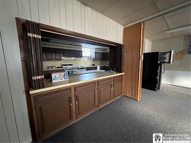 kitchen featuring range hood, gas range gas stove, and wood walls