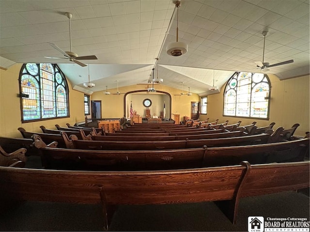 miscellaneous room with vaulted ceiling and ceiling fan