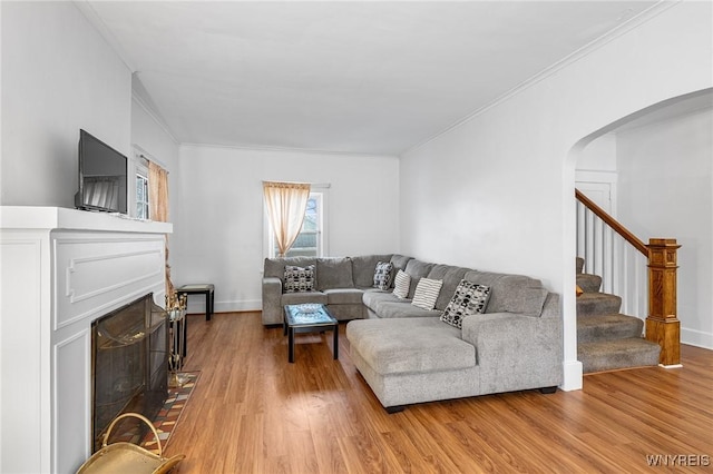 living room with crown molding and light hardwood / wood-style flooring