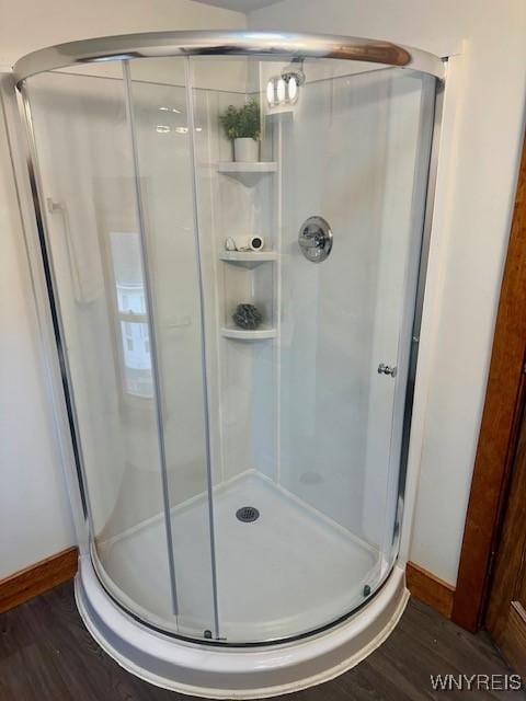 bathroom with hardwood / wood-style flooring and a shower with door