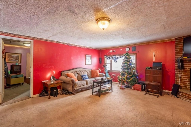 living room featuring carpet and a textured ceiling