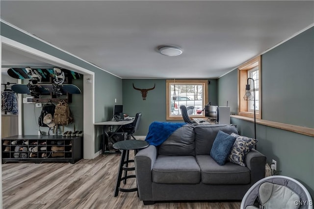 living room featuring crown molding and wood-type flooring