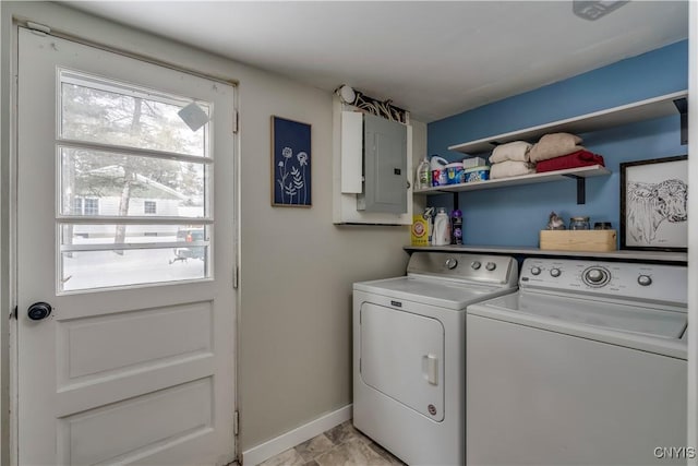 washroom with washing machine and dryer and electric panel