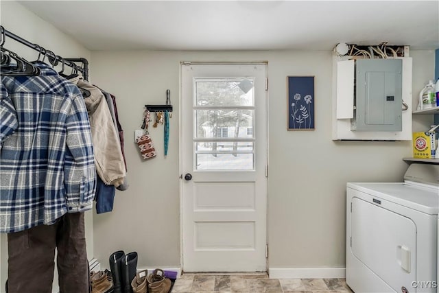 laundry area with electric panel and washer / dryer