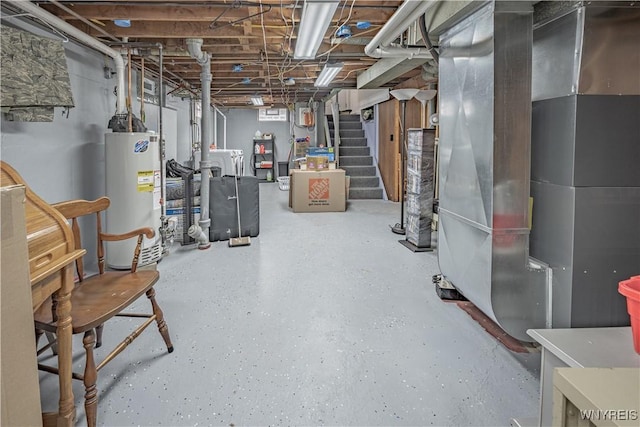 basement with heating unit and gas water heater