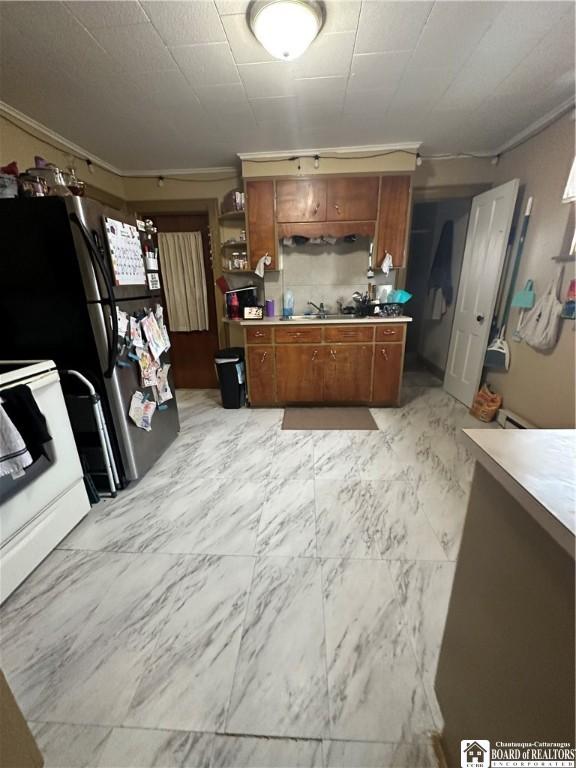 kitchen featuring crown molding, sink, and range