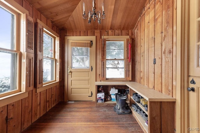 mudroom with wood ceiling, wooden walls, a chandelier, and dark wood-type flooring