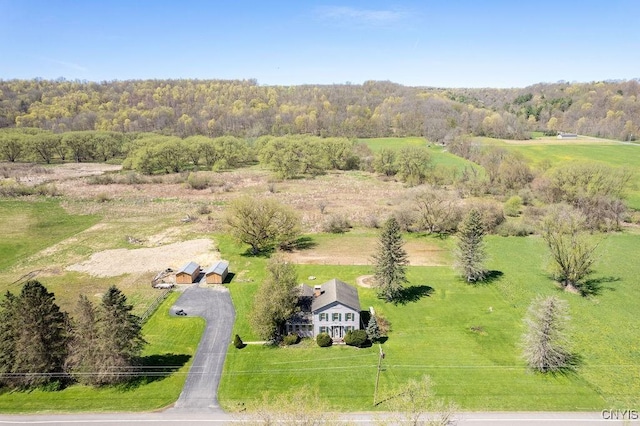 birds eye view of property with a rural view and a wooded view