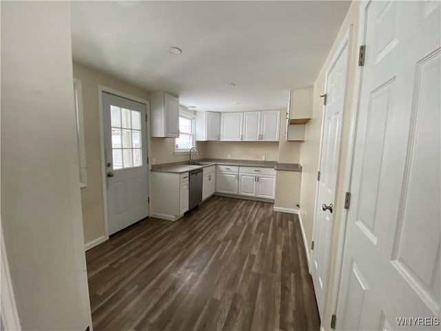 kitchen with white cabinetry, sink, dark hardwood / wood-style flooring, and stainless steel dishwasher