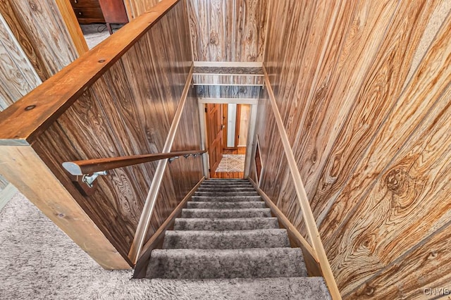 stairway with wood walls