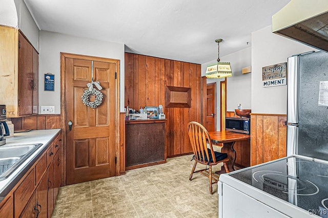 kitchen featuring appliances with stainless steel finishes, sink, pendant lighting, and wooden walls