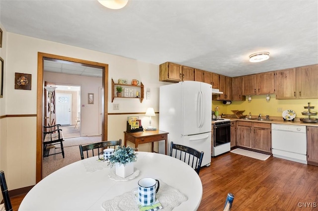 kitchen featuring white appliances, dark hardwood / wood-style floors, and sink