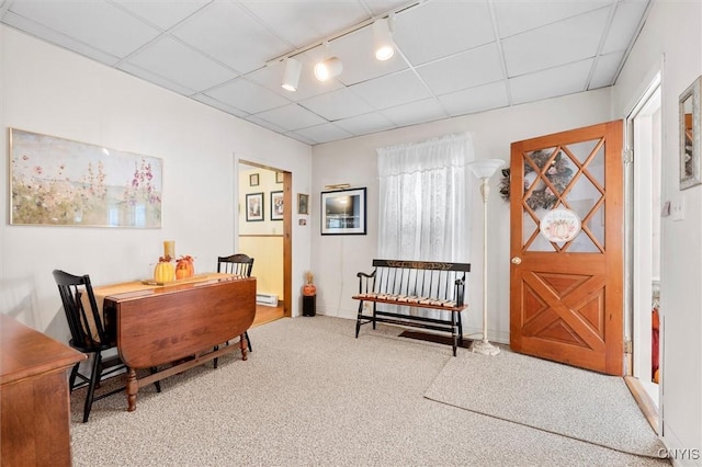 office area with a paneled ceiling, rail lighting, and carpet floors