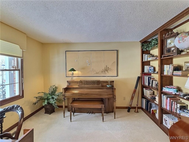 misc room featuring light carpet and a textured ceiling