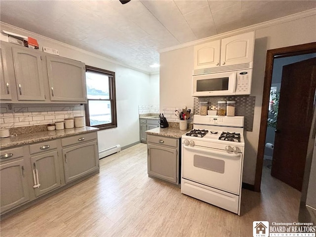 kitchen featuring decorative backsplash, a baseboard heating unit, light hardwood / wood-style floors, crown molding, and white appliances