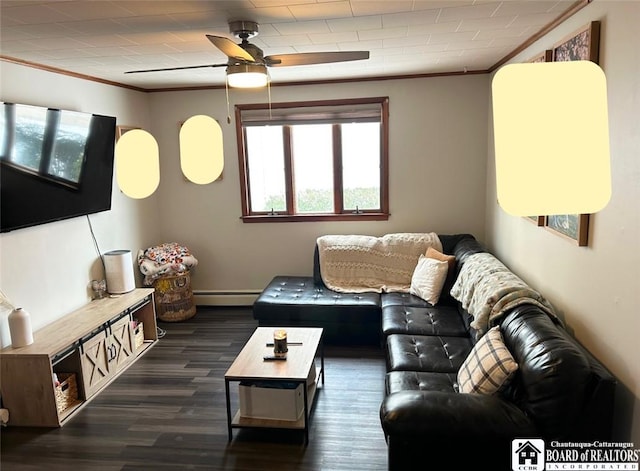 living room featuring ornamental molding, ceiling fan, dark hardwood / wood-style flooring, and baseboard heating