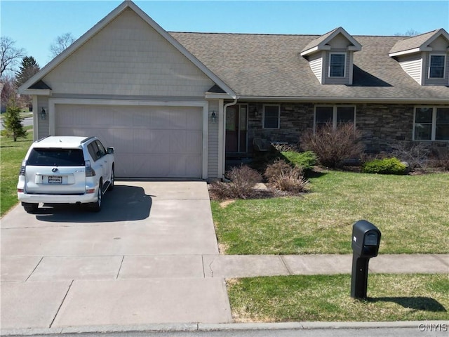 1771 Independence, Utica, NY 13502 - view of front of house featuring a front yard, a shingled roof, stone siding, and driveway
