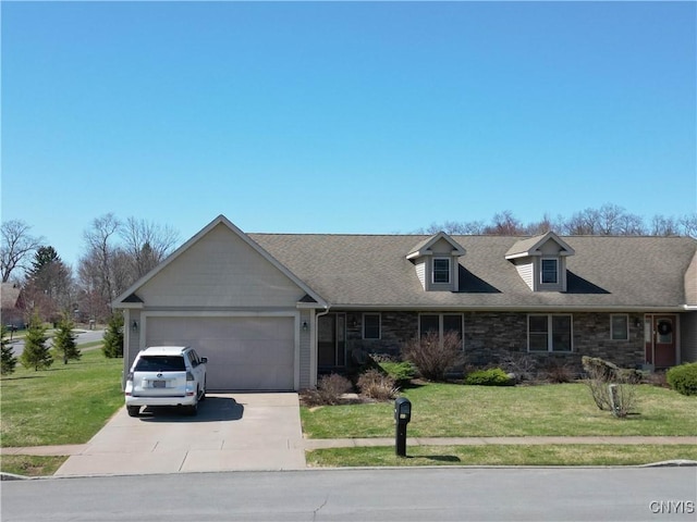 1771 Independence, Utica, NY 13502 - view of front of home featuring a front yard, an attached garage, stone siding, and driveway