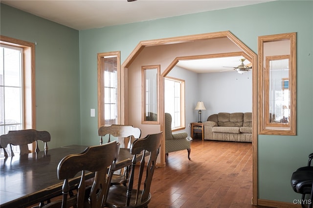 dining room featuring hardwood / wood-style floors, a wealth of natural light, and ceiling fan