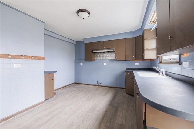 kitchen featuring dark brown cabinets, sink, backsplash, and light hardwood / wood-style floors