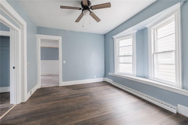 unfurnished bedroom featuring a baseboard radiator, dark wood-type flooring, and ceiling fan