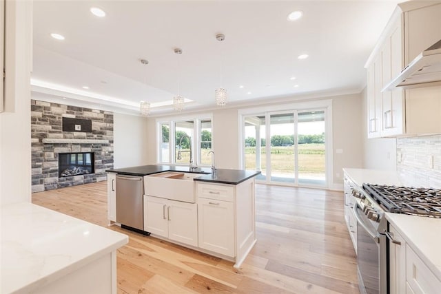 kitchen featuring appliances with stainless steel finishes, decorative light fixtures, white cabinets, decorative backsplash, and a kitchen island with sink