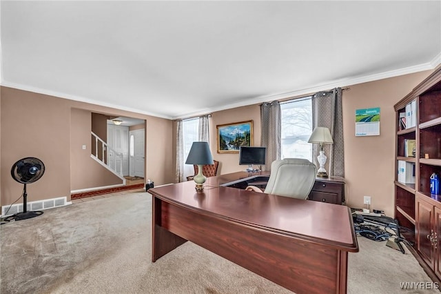 carpeted office featuring ornamental molding