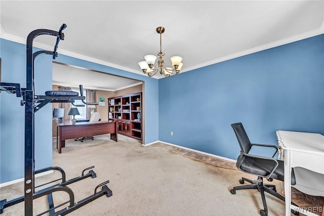 carpeted home office with ornamental molding and a notable chandelier