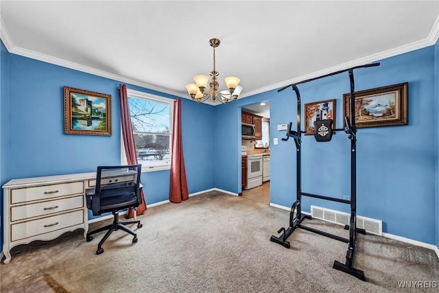 office featuring light carpet, a notable chandelier, and ornamental molding