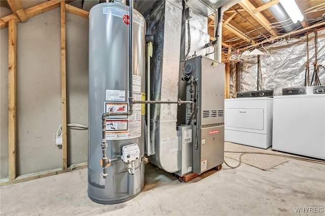 utilities with heating unit, independent washer and dryer, and water heater