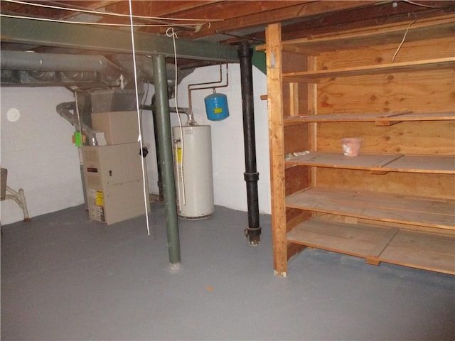 basement with heating unit and water heater