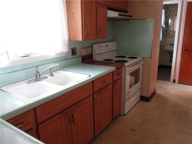 kitchen with sink and white range with electric cooktop