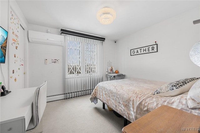 bedroom featuring light carpet, an AC wall unit, and baseboard heating