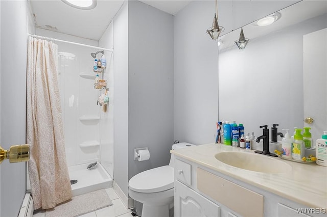 bathroom with a baseboard heating unit, vanity, tile patterned floors, toilet, and walk in shower