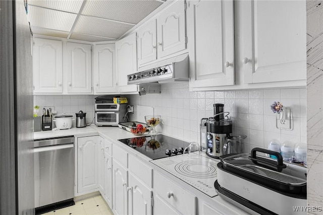 kitchen featuring extractor fan, white cabinetry, decorative backsplash, stainless steel dishwasher, and black electric stovetop