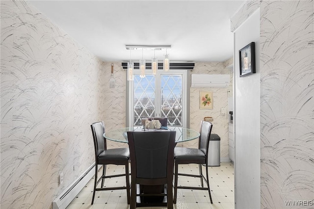 dining area with a baseboard heating unit and an AC wall unit