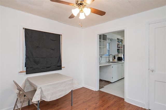 interior space featuring sink, light hardwood / wood-style floors, and ceiling fan