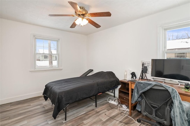 bedroom with ceiling fan, multiple windows, and light hardwood / wood-style flooring