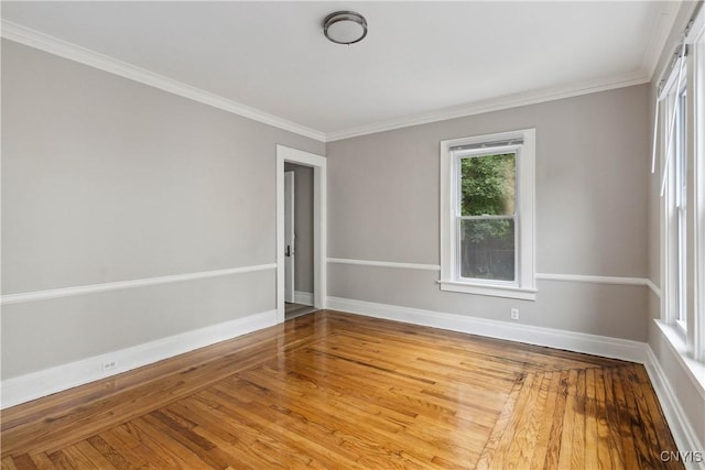 spare room with ornamental molding and hardwood / wood-style floors