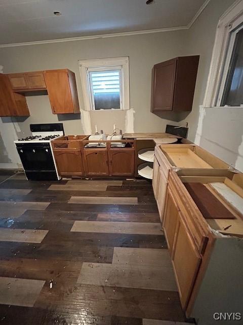 kitchen featuring ornamental molding, dark hardwood / wood-style flooring, and gas stove