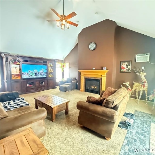 living room with a wall mounted air conditioner, high vaulted ceiling, ceiling fan, and carpet flooring