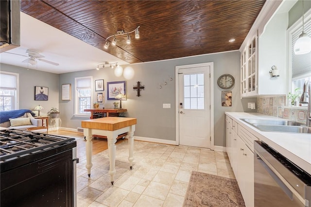 kitchen with white cabinetry, sink, stainless steel dishwasher, and wooden ceiling