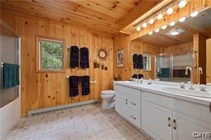 bathroom with vanity, wooden walls, wooden ceiling, and toilet