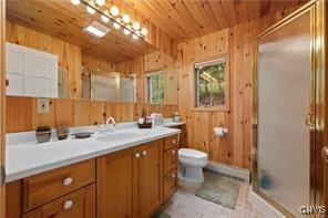 bathroom featuring wooden walls, vanity, walk in shower, toilet, and wooden ceiling