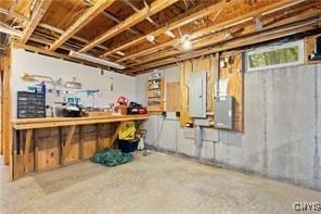 basement with electric panel and a workshop area